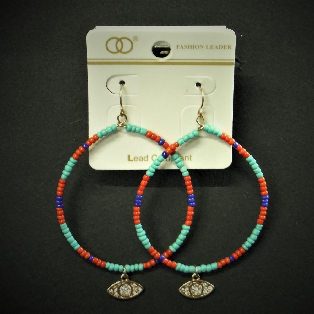 Beaded Hoop Earrings with Evil Eye Charm